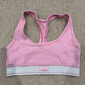 SKIMS Pink and Gray Ribbed Sports Bra
